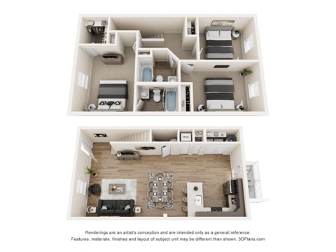 A 3D floor plan of a house with two bedrooms, a living room, a kitchen, and a bathroom.